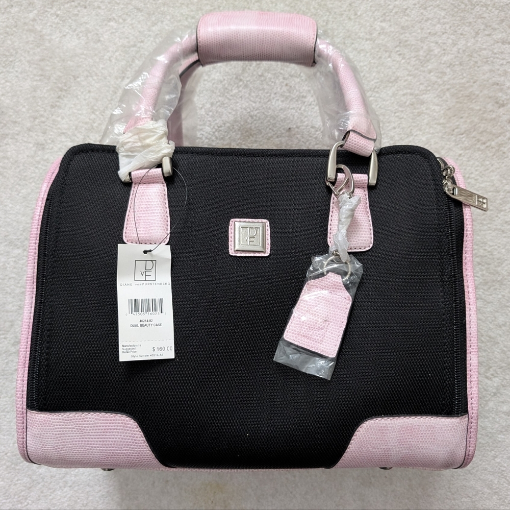 Diane von Furstenberg Black Pink Snakeskin Cosmetic Train Case